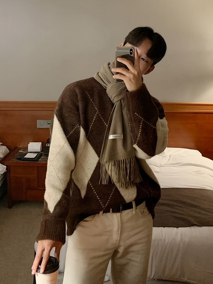 Men's Trendy Argyle Pattern Sweater, Casual High Stretch Breathable Loose Fit Pullover Top For Fall Winter