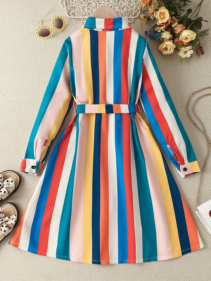 Trendy Girls' Stripe Long Sleeve Collared Shirt Dress With Belt, Casual Dresses For Teen Girls