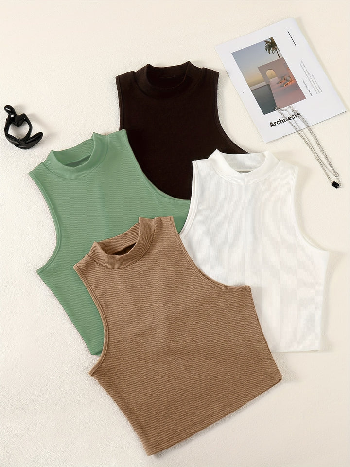 Solid Summer 4pcs Tank Tops, Casual Crew Neck Sleeveless Knit Tank Tops, Women's Clothing