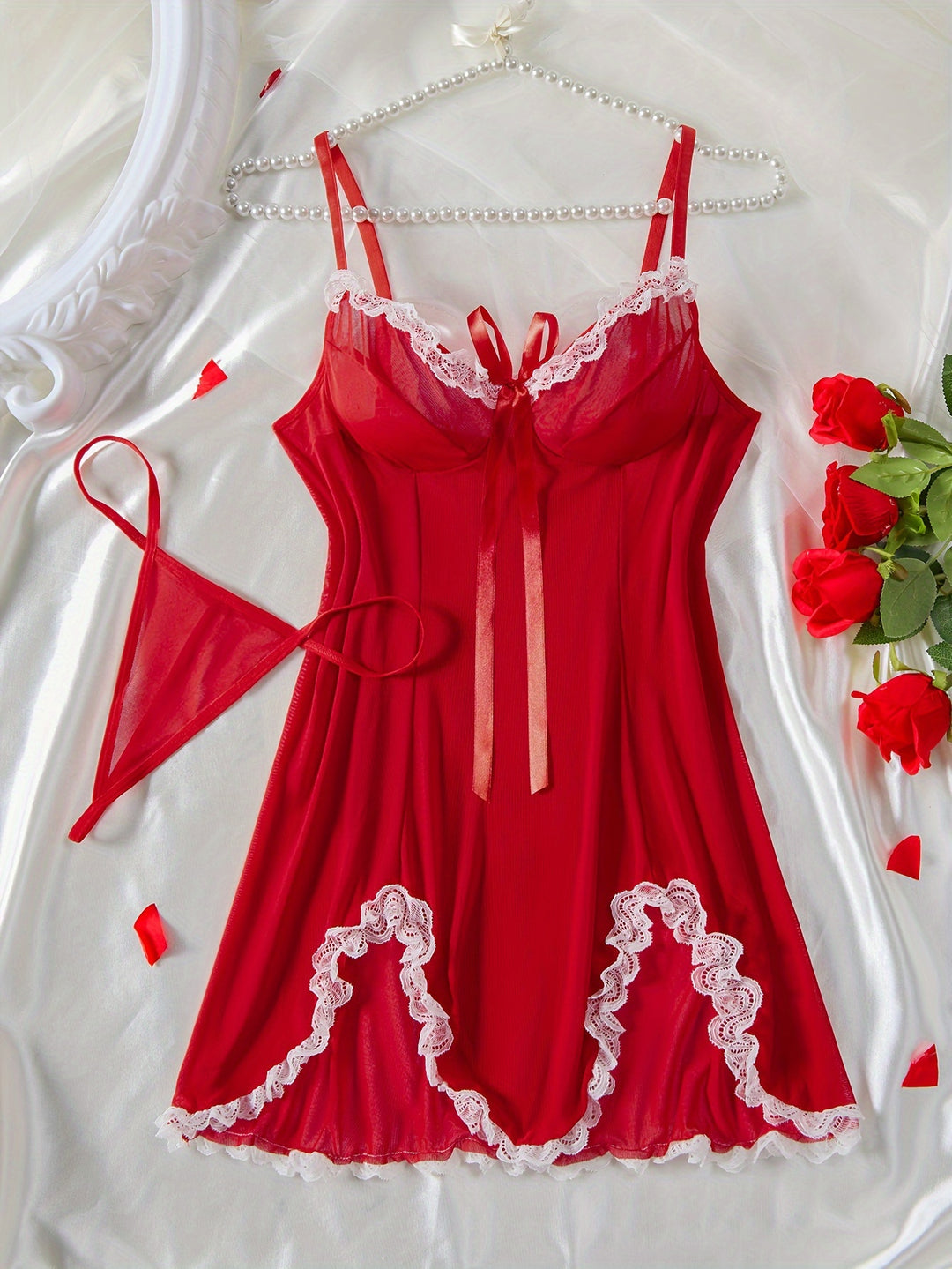 Plus Size Valentine's Day Sexy Lingerie Dress Set, Women's Plus Contrast Lace Lettuce Trim Bow Front Asymmetrical Hem Babydoll Dress & Panty Lingerie 2 Piece Set