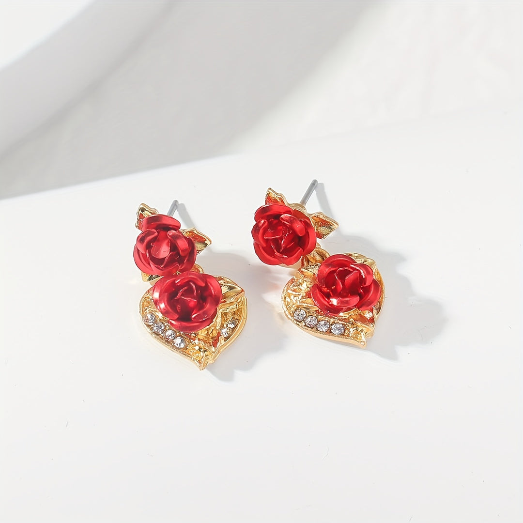 Romantic Valentine's Day Gift - Elegant Women's Heart Rose Flower Dangle Stud Earrings