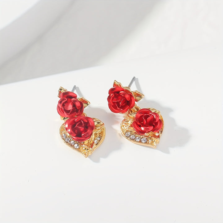 Romantic Valentine's Day Gift - Elegant Women's Heart Rose Flower Dangle Stud Earrings