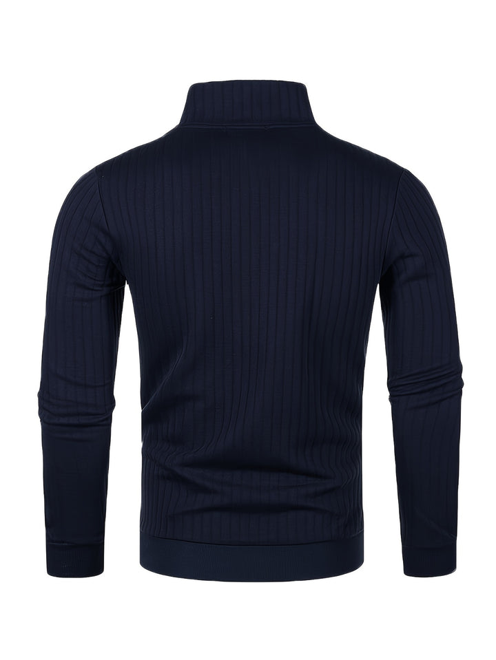 Ribbed Knitted Half Zipper Sweater, Men's Casual Warm Slightly Stretch Stand Collar Pullover Sweater For Men Fall Winter