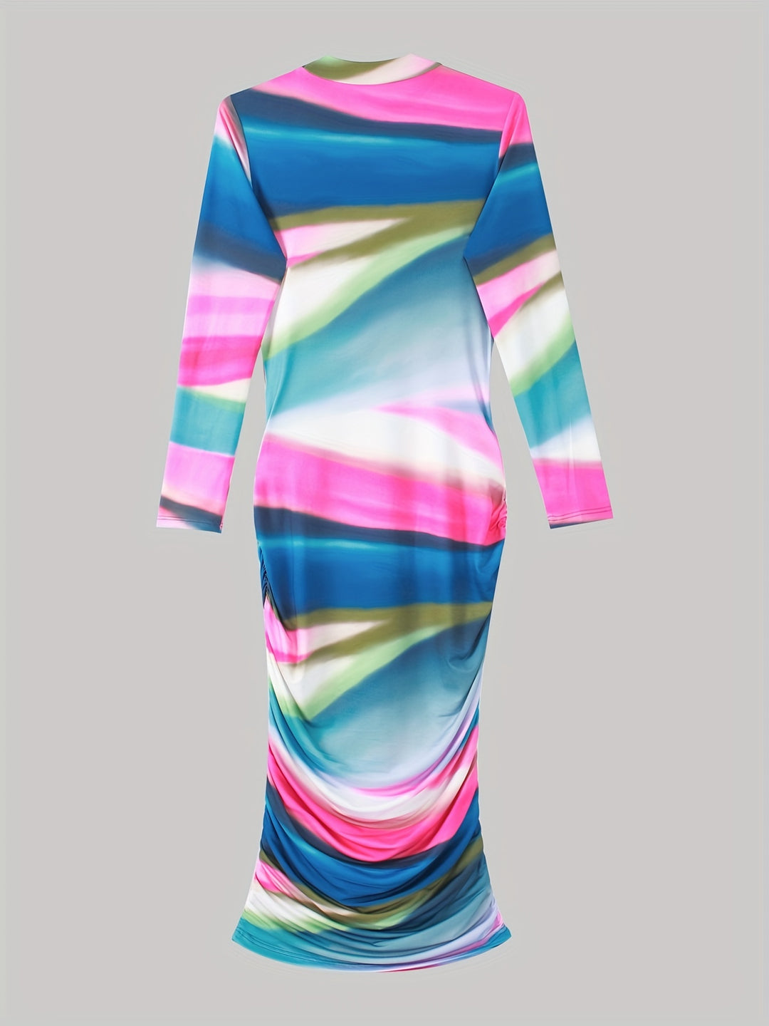 Color Block Draped Dress, Casual Long Sleeve Bodycon Maxi Dress, Women's Clothing