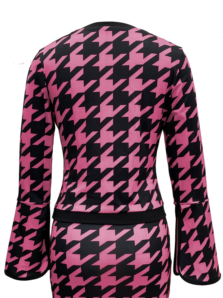 Houndstooth Print Casual Two-piece Set, Crew Neck Split Long Sleeve Tops & Bag Hip Skirts Outfits, Women's Clothing