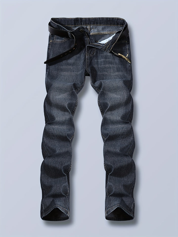 Regular Fit Jeans, Men's Casual Street Style Distressed Medium Stretch Denim Pants For All Seasons