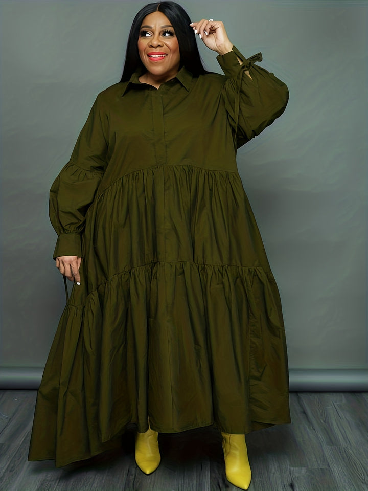 Plus Size Elegant Dress, Women's Plus Solid Tie Lantern Sleeve Ruffle Trim Polo Neck Loose Smock Dress
