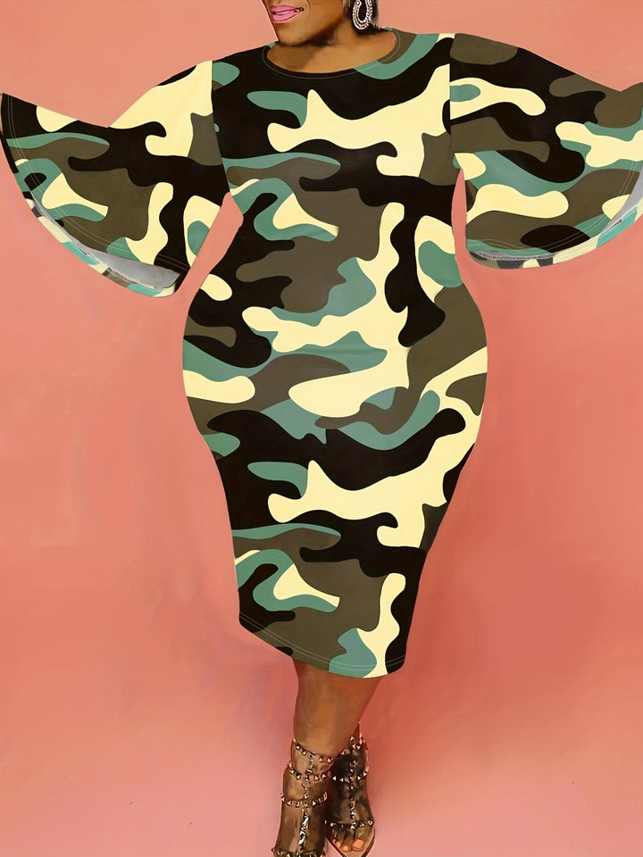 Plus Size Casual Dress, Women's Plus Camo Butterfly Sleeve Round Neck Bodycon Midi Dress