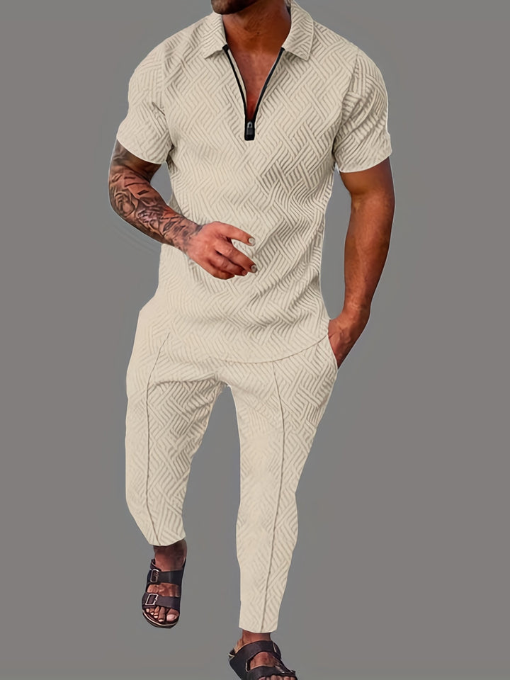 Men's 2Pcs Outfits Top & Pants Set, Casual Short Sleeve Shirt And Tapered Pants Set, Men's Clothing