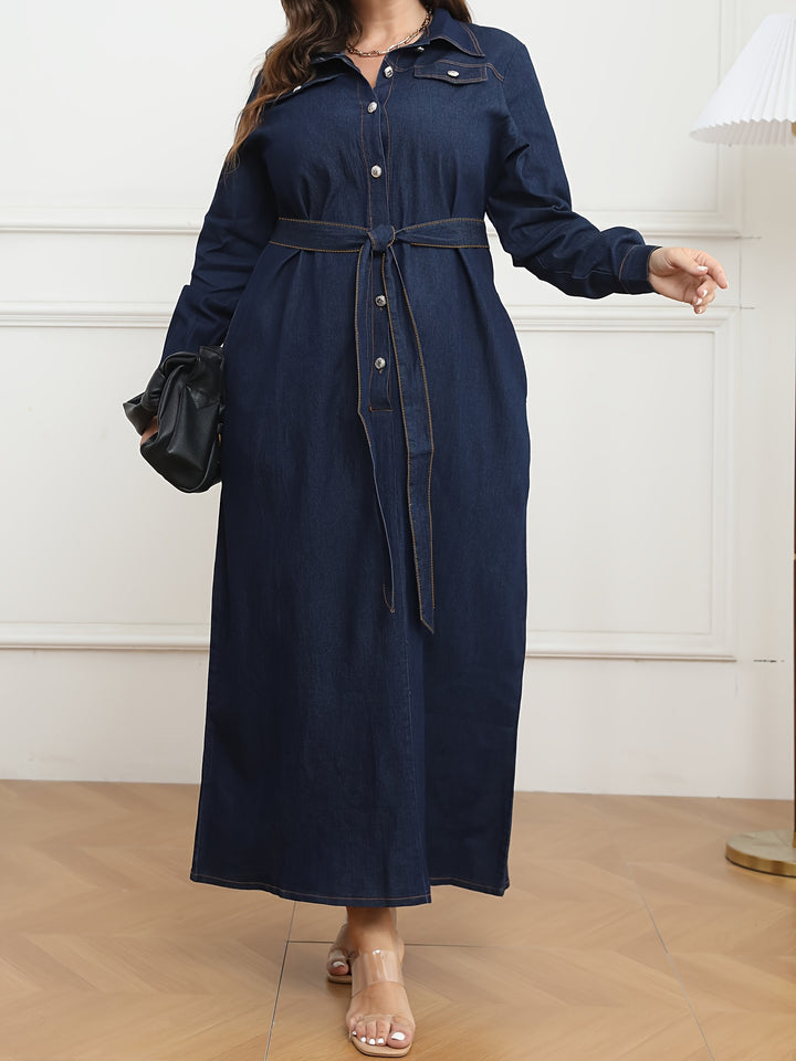 Plus Size Casual Denim Dress, Women's Plus Solid Pipping Button Up Long Sleeve Turn Down Collar Maxi Denim Shirt Dress With Belt