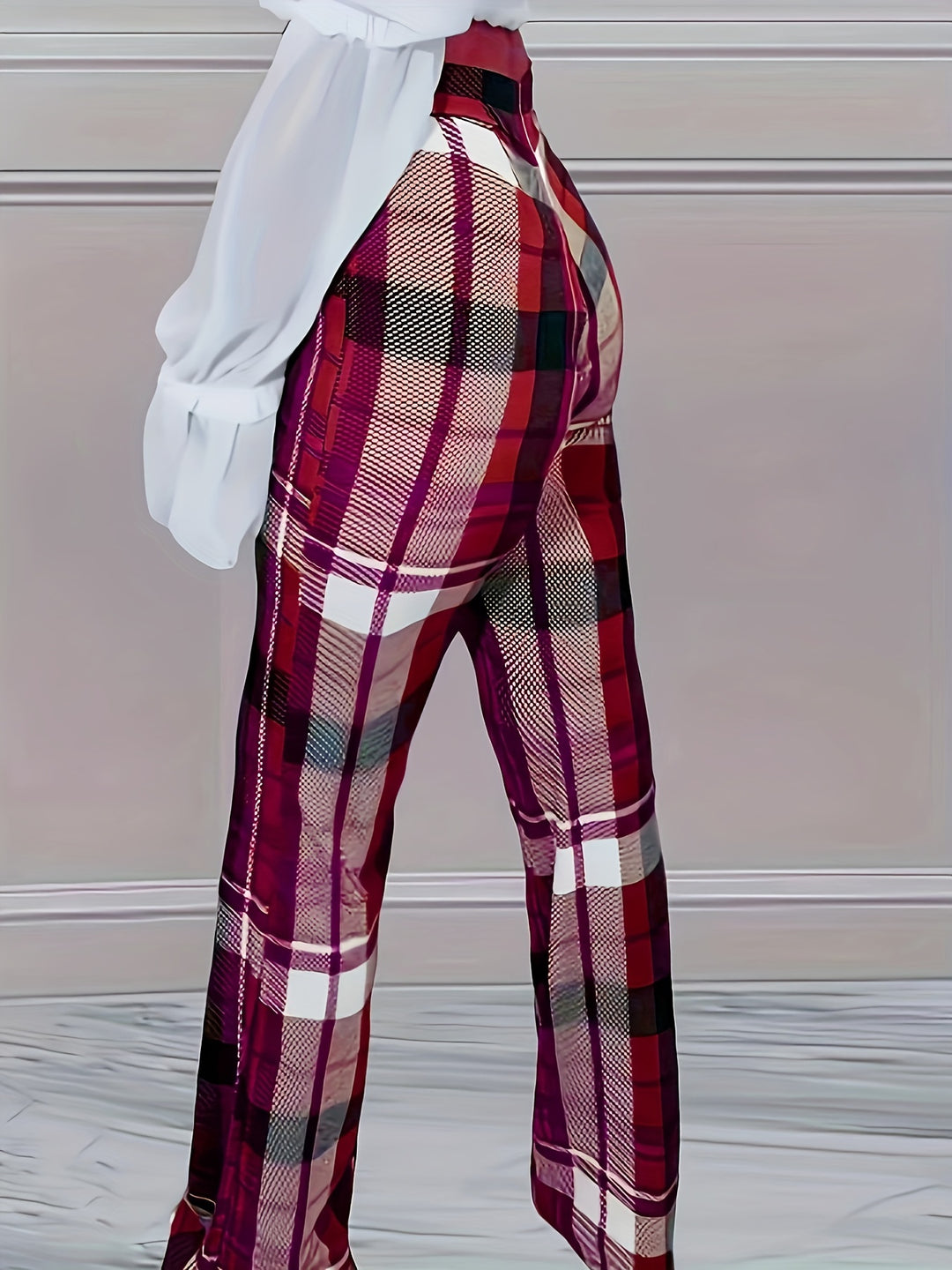 Plaid Print High Waist Pants, Casual Button Front Straight Leg Pants For Spring & Fall, Women's Clothing