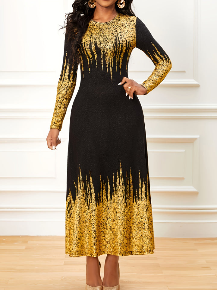 Stylish Plus Size Maxi Dress for Women - Colorblock Ombre Print and Long Sleeves