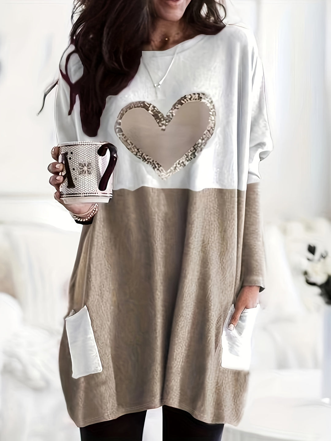Plus Size Casual T-shirt, Women's Plus Colorblock Heart Print Drop Shoulder Long Sleeve Round Neck Tunic T-shirt With Pockets