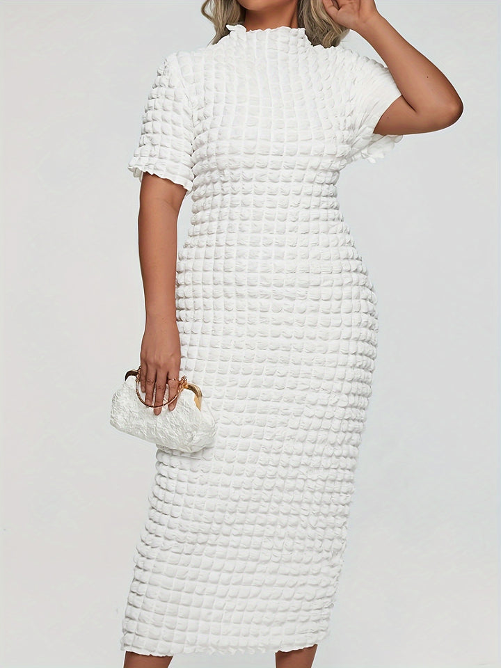 Elegant Plus Size Midi Dress with Popcorn Texture and Mock Neck