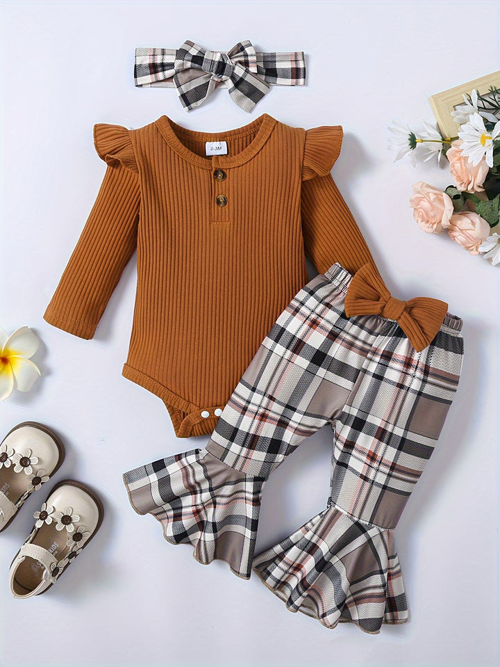 Newborn Baby Girl Outfits Fall Outfits, Infant Pit Striped Triangle Romper + Plaid Flared Pants With Headband Baby Winter Casual Outfits For 0-18 Months Babies