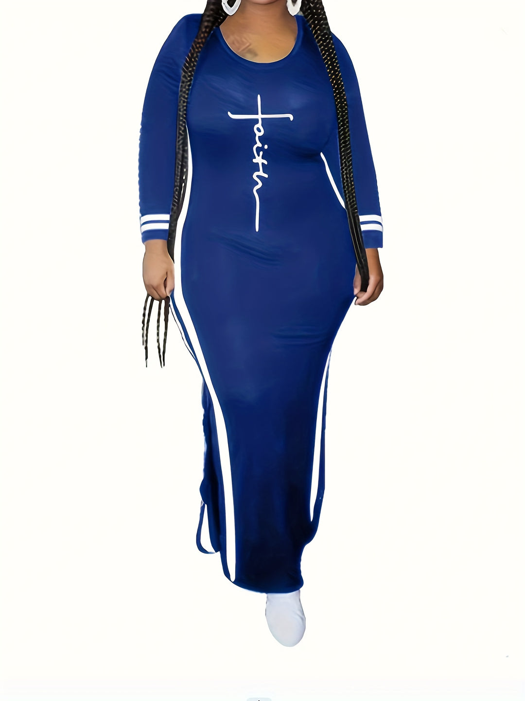 Stylish Plus Size Dress for Women - Cross Letter & Stripe Print Long Sleeve Split Dress