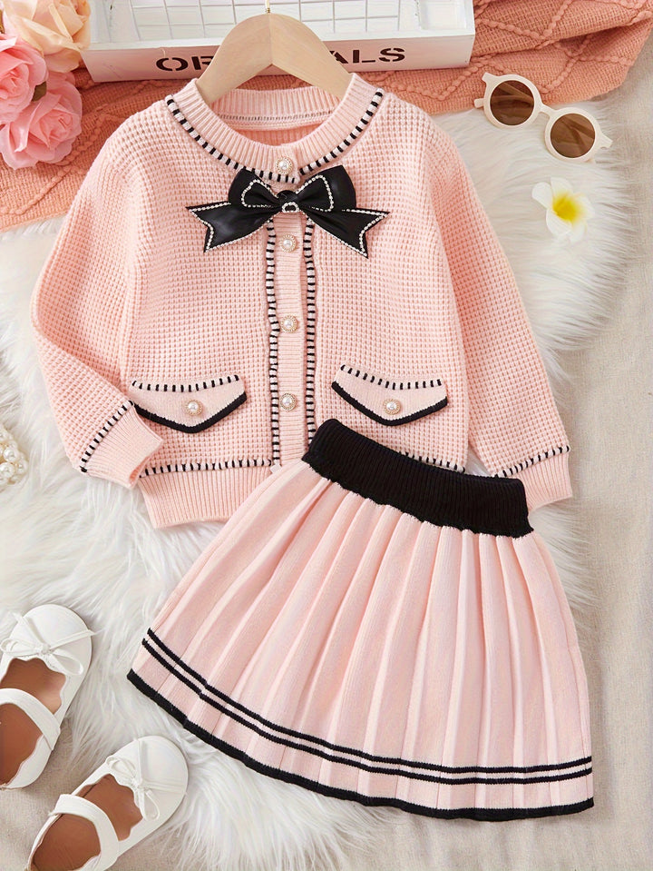 Toddler Girls 2pcs Button Front Bow Knitwear Top + Splicing Pleated Skirt Kids Clothes Fall Gift