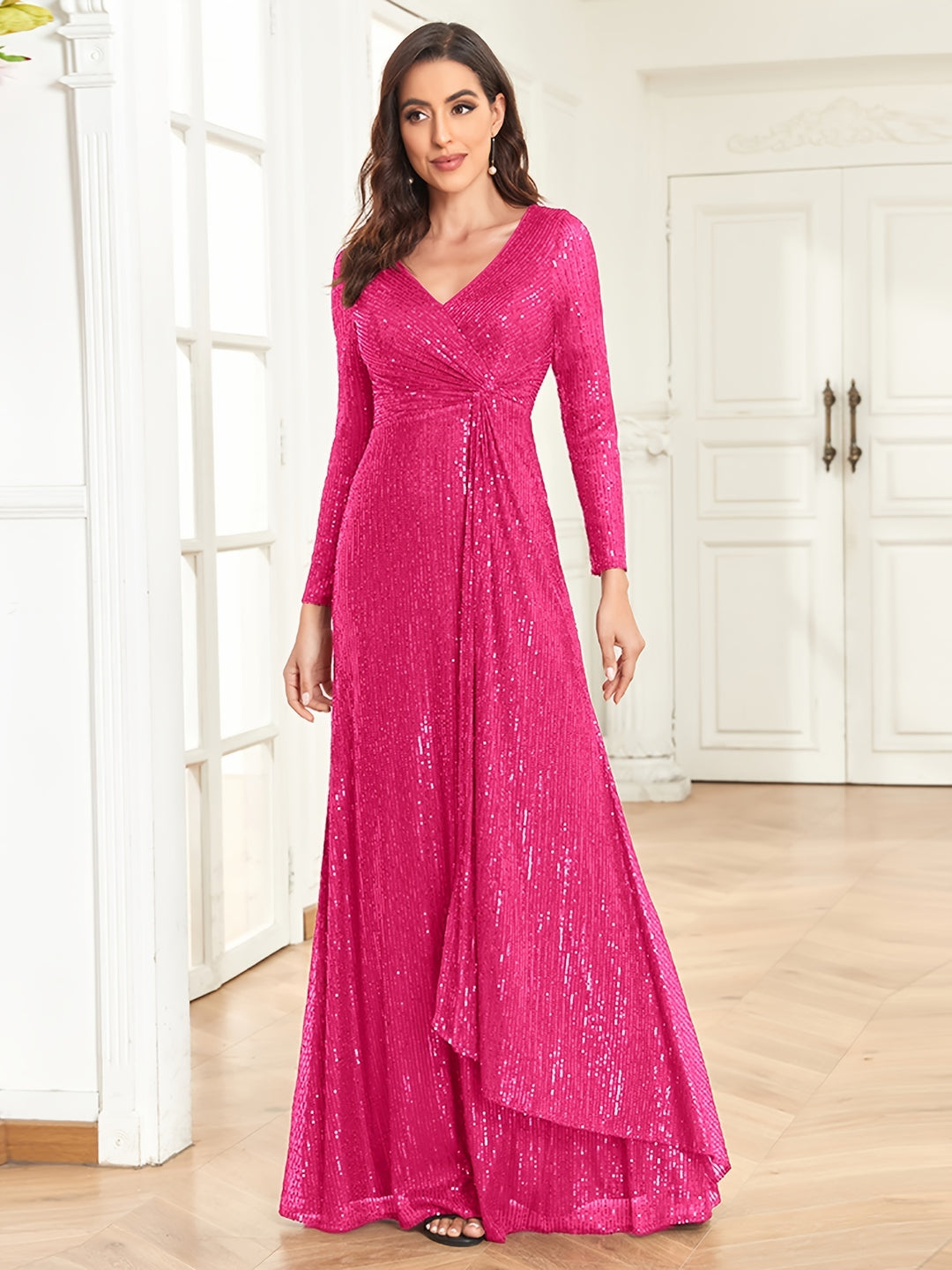 Sequins V Neck Evening Dress, Elegant Long Sleeve Waist Guest Prom Cocktail Floor Length Dress, Women's Clothing