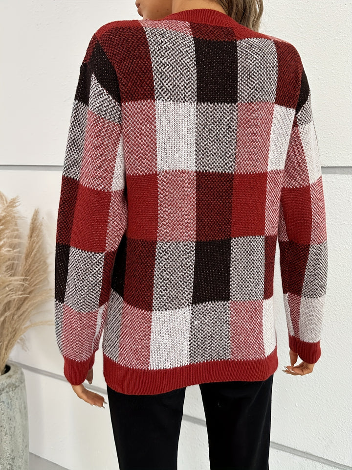 Plaid Pattern Crew Neck Pullover Sweater, Casual Long Sleeve Sweater For Fall & Winter, Women's Clothing