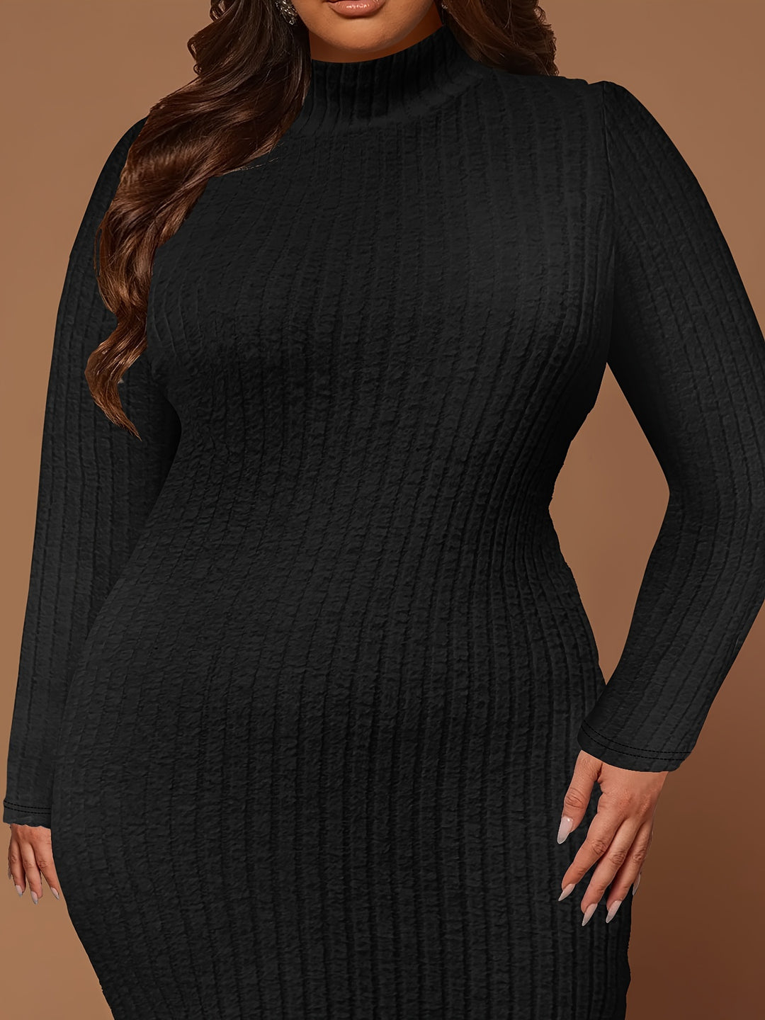 Plus Size Solid Ribbed Dress, Casual Mock Neck Long Sleeve Dress, Women's Plus Size Clothing