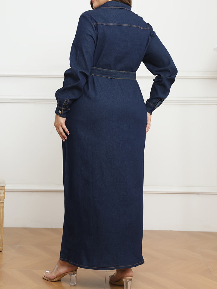 Plus Size Casual Denim Dress, Women's Plus Solid Pipping Button Up Long Sleeve Turn Down Collar Maxi Denim Shirt Dress With Belt