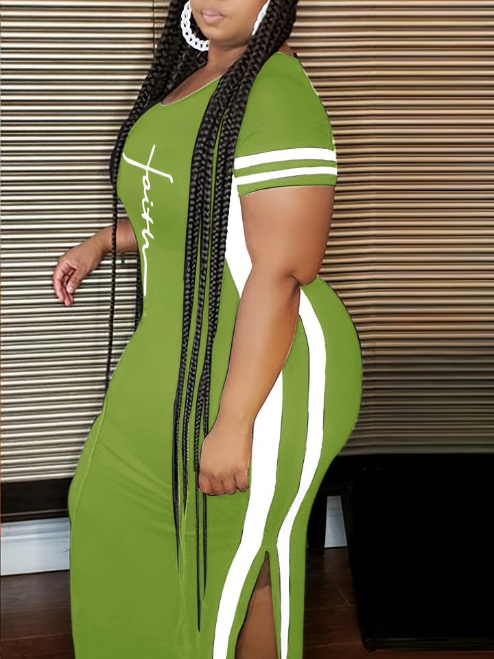 Plus Size Casual Dress, Women's Plus Art Letter & Stripe Print Short Sleeve Round Neck Medium Stretch Slim Fit Maxi Dress