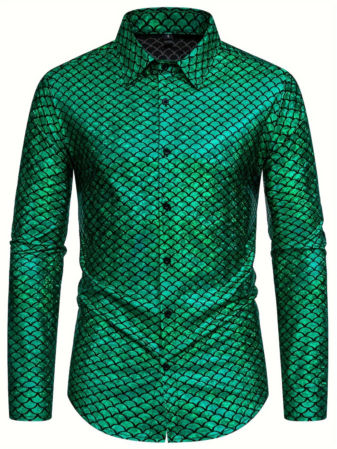 Fish Scales Sequin Men's Trendy Long Sleeve Button Up Shirt, Spring Fall, Party Dress