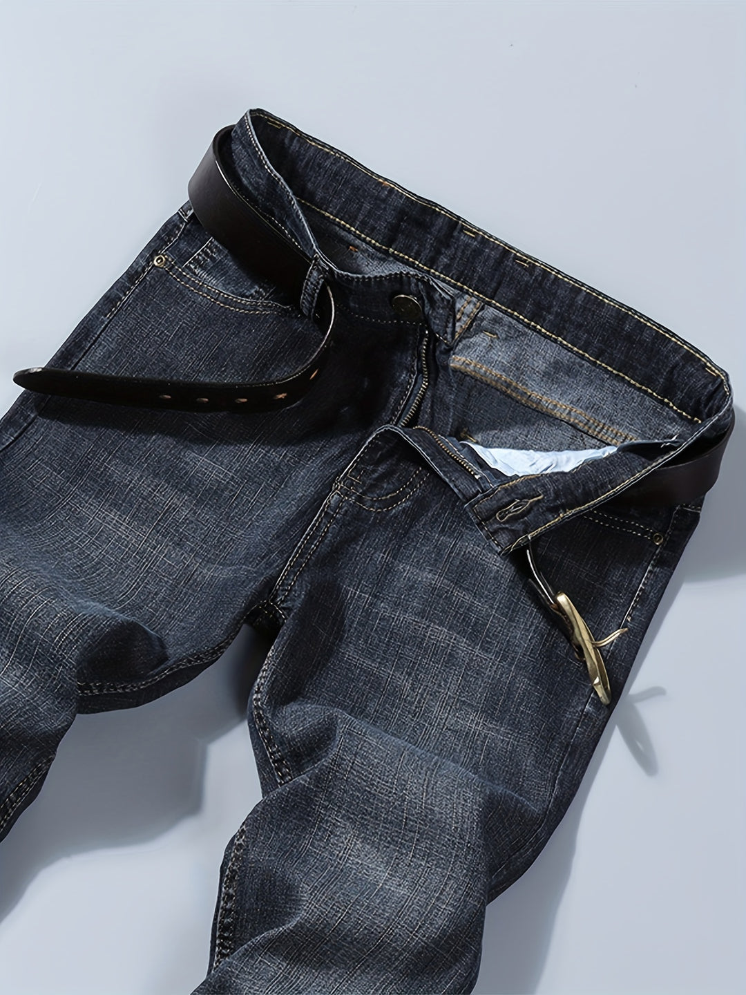 Regular Fit Jeans, Men's Casual Street Style Distressed Medium Stretch Denim Pants For All Seasons
