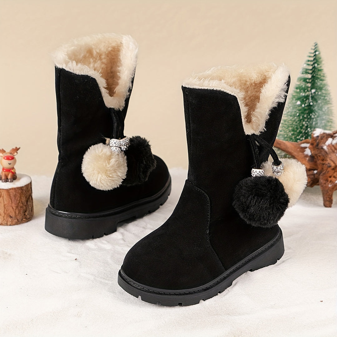 Trendy Cute Plus Fleece Boots For Girls Kids, Comfortable Non Slip Boots For Indoor Outdoor Travel, Autumn And Winter