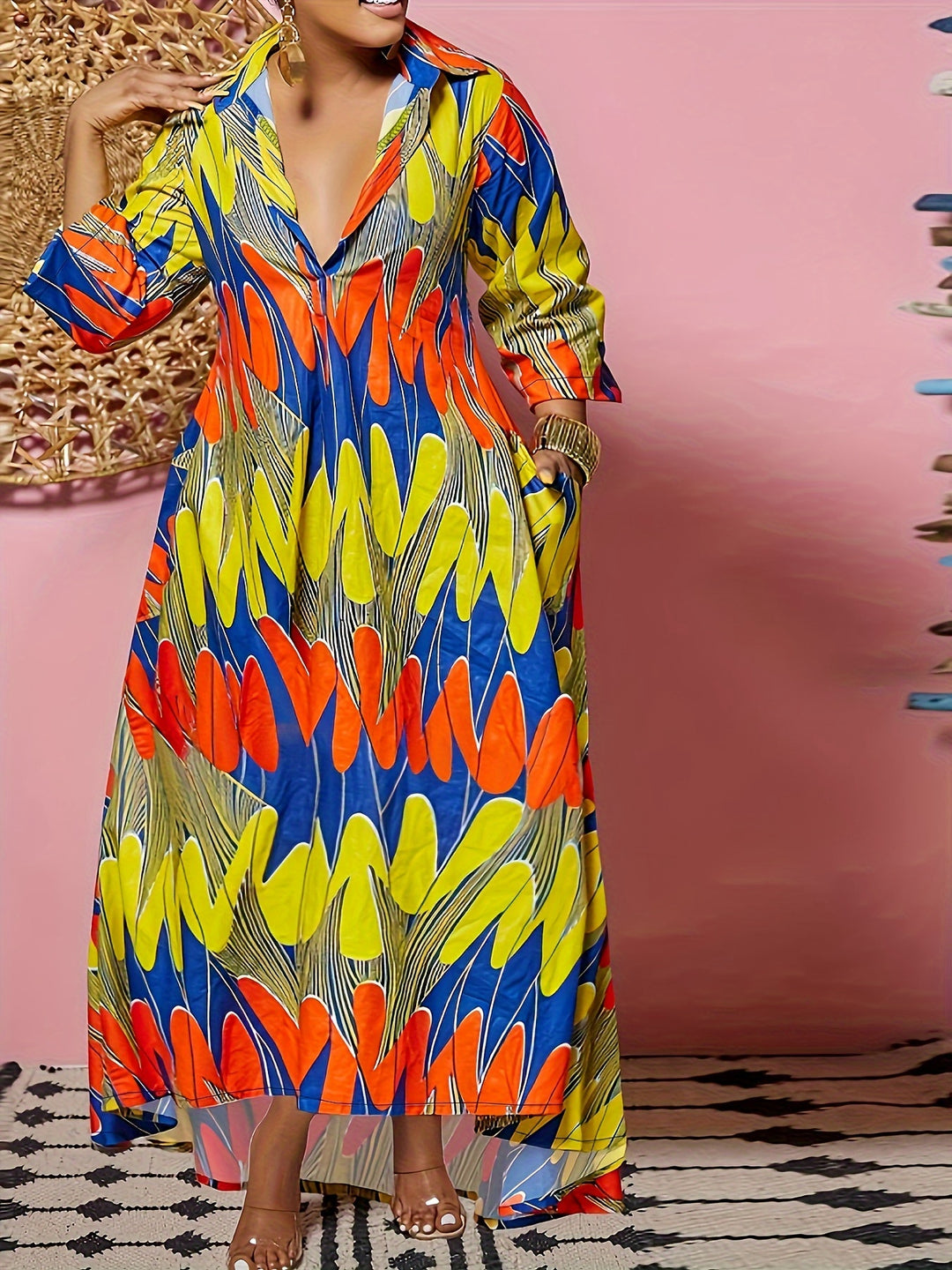 Stylish Plus Size Maxi Dress for Women, Random Print Three Quarter Sleeve with Asymmetric Hem and Lapel Collar