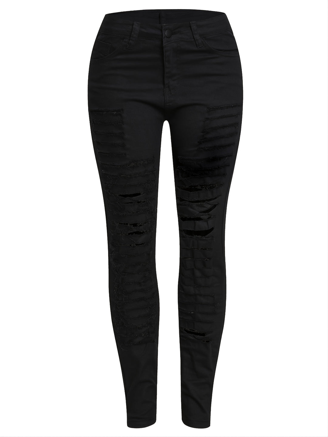 Ripped Mid Rise Skinny Jeans, Black Stretchy Denim Pants, Women's Denim Trousers