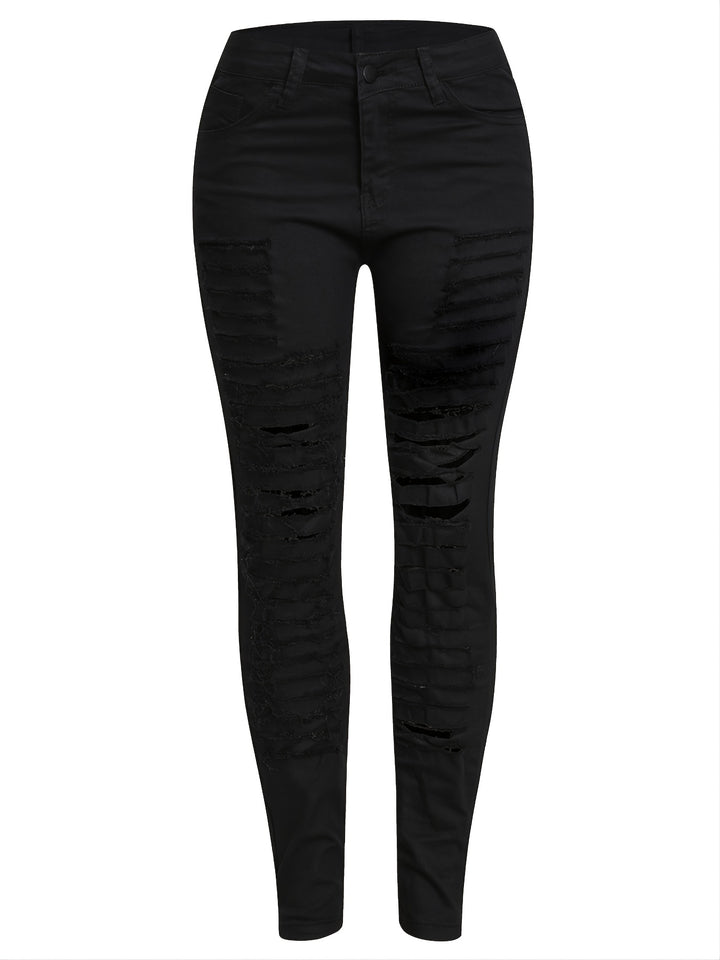 Ripped Mid Rise Skinny Jeans, Black Stretchy Denim Pants, Women's Denim Trousers