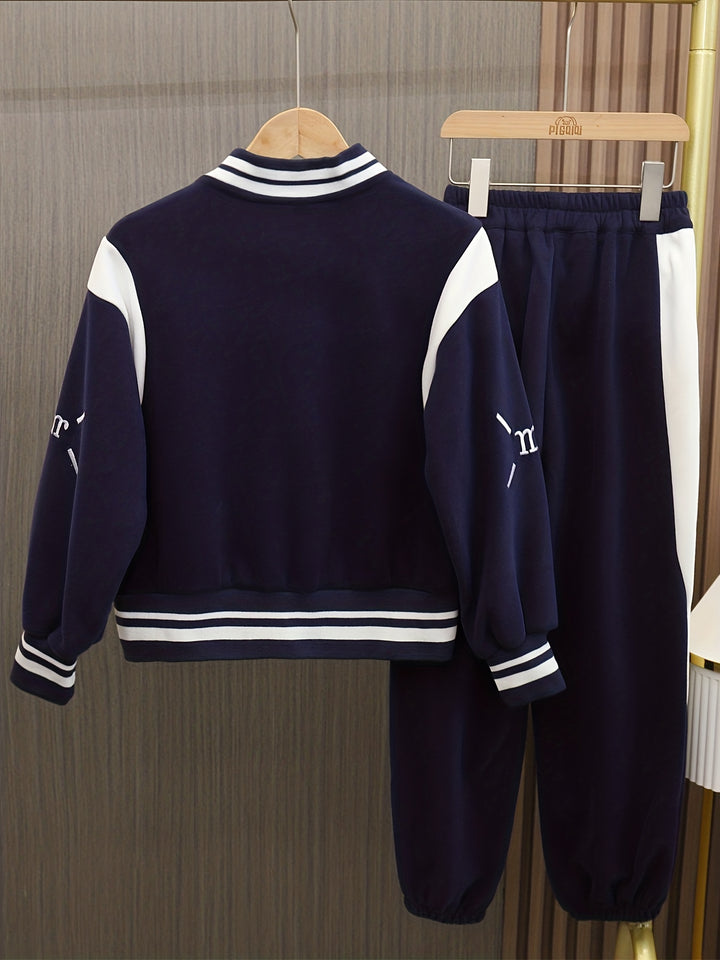 2pcs Girl's Varsity Jacket Outfit, Bomber Jacket & Sweatpants Set, Color Clash Coat, Kid's Clothes For Spring Fall Outdoor