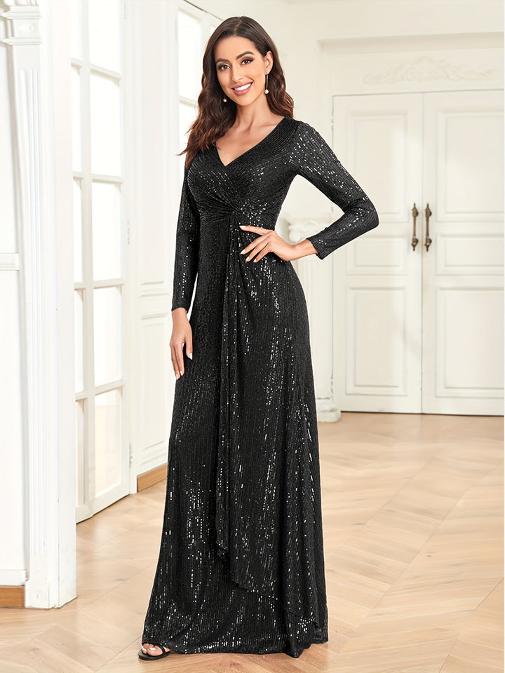 Sequins V Neck Evening Dress, Elegant Long Sleeve Waist Guest Prom Cocktail Floor Length Dress, Women's Clothing