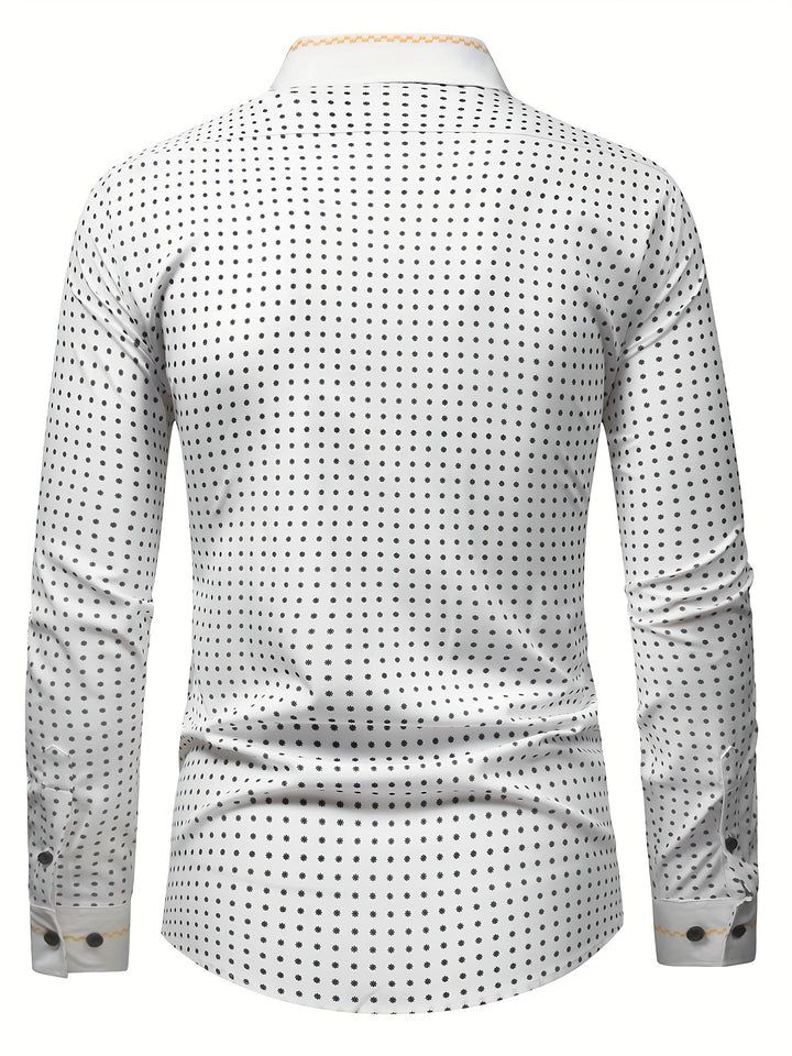 Simple Polka Dots Print Men's Casual Charming Long Sleeve Lapel Shirt For Spring Fall, Gift For Men