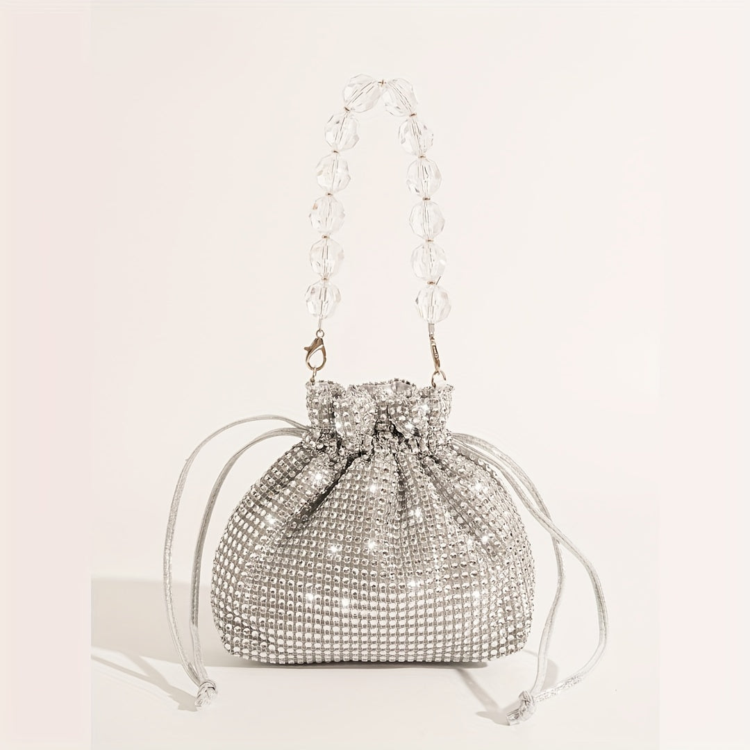 Glitter All Over Rhinestone Decor Bag, Drawstring Evening Bag For Party With Rhinestone Strap