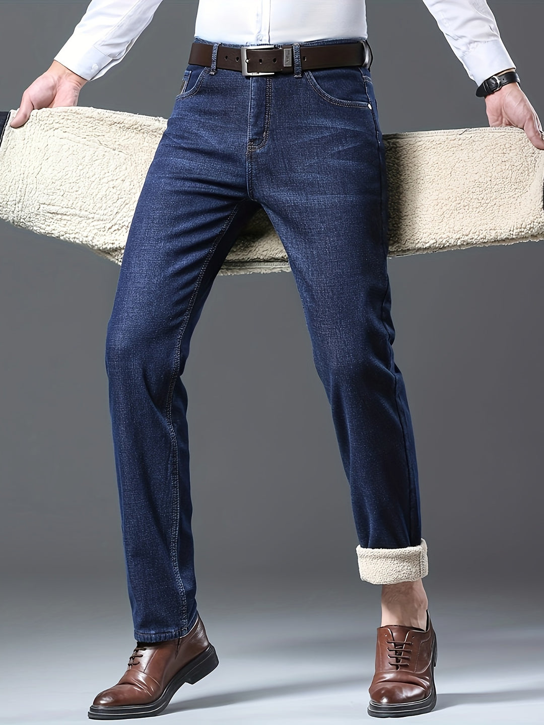 Men's Casual Warm Thick Jeans, Classic Design Stretch Straight Leg Jeans For Business
