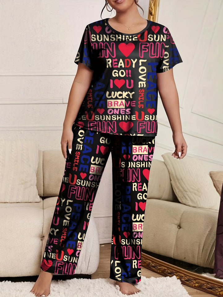 Plus Size Casual Pajama Set, Women's Plus Heart & Letter Print Short Sleeve Round Neck T-shirt & Pants Comfort Pajama Two Piece Set
