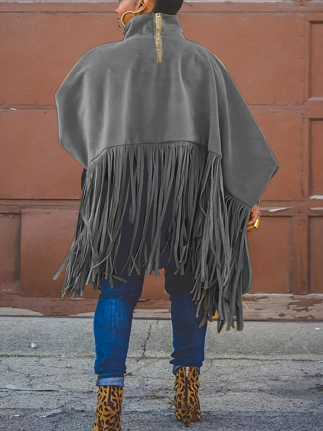Plus Size Trendy Top, Women's Plus Solid Batwing Sleeve Mock Neck Fringe Trim Cloak Top
