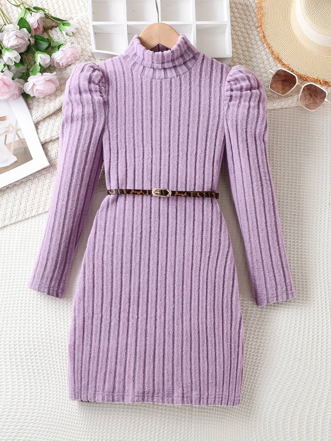 Elegant Ribbed Knit Dress With Belt, Girls, High Neck Long Sleeve Dresses For Autumn / Winter, Gift, Party, Girls' Clothing