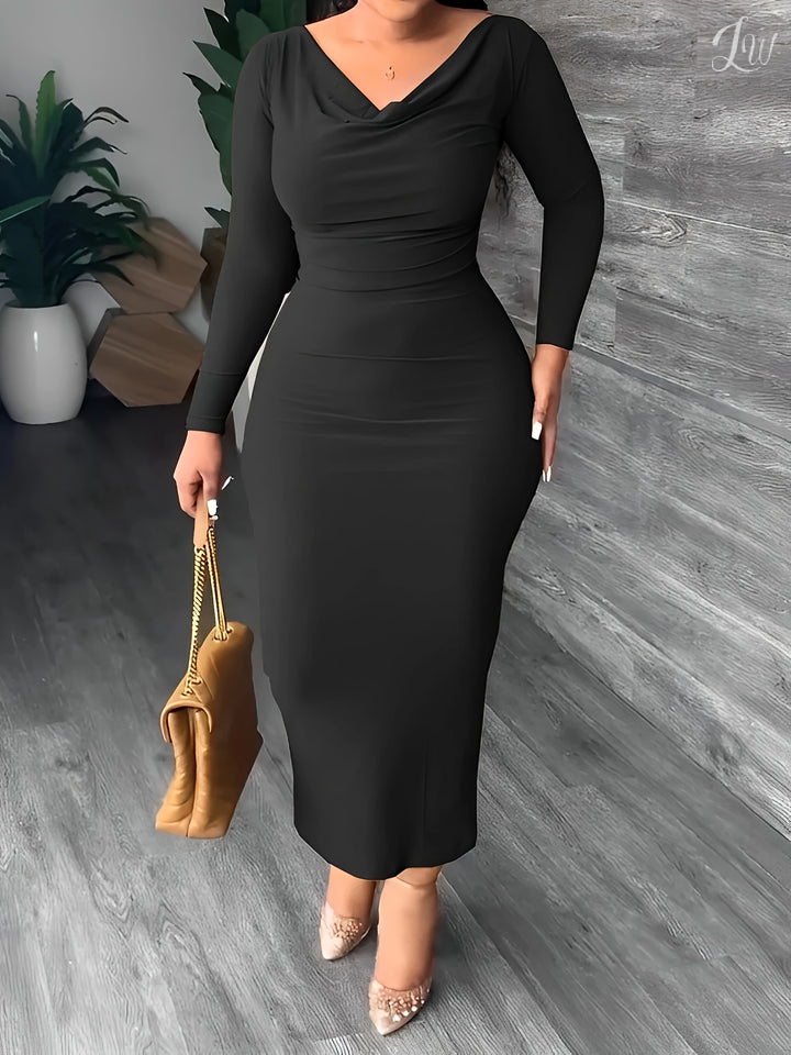 Plus Size Casual Dress, Women's Plus Solid Long Sleeve Cowl Neck High Stretch Slim Fit Dress