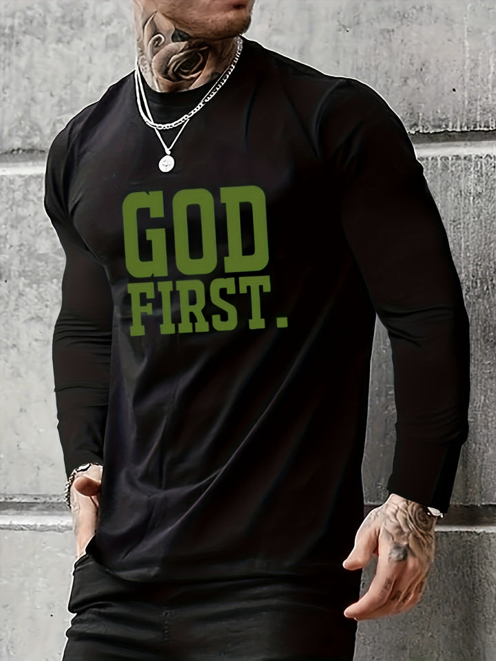 GOD First Print, Men's Graphic Design Crew Neck Long Sleeves Black Active T-shirt, Casual Comfy Shirts For Spring Summer Autumn, Men's Clothing Tops