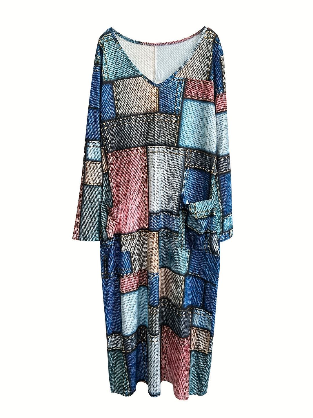 Plus Size Casual Dress, Women's Plus Denim Print Long Sleeve V Neck Slight Stretch Maxi Dress With Pockets