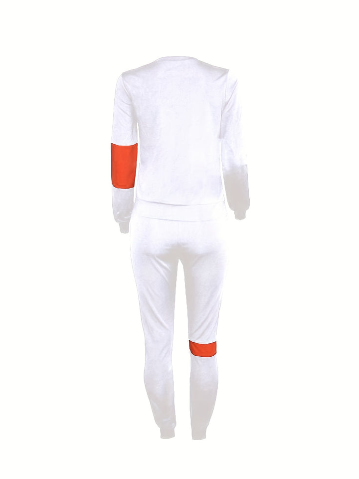 Plus Size Strip Pattern Shirt & Pants Set, Women's Casual Round Neck Slight Stretch 2pcs Set