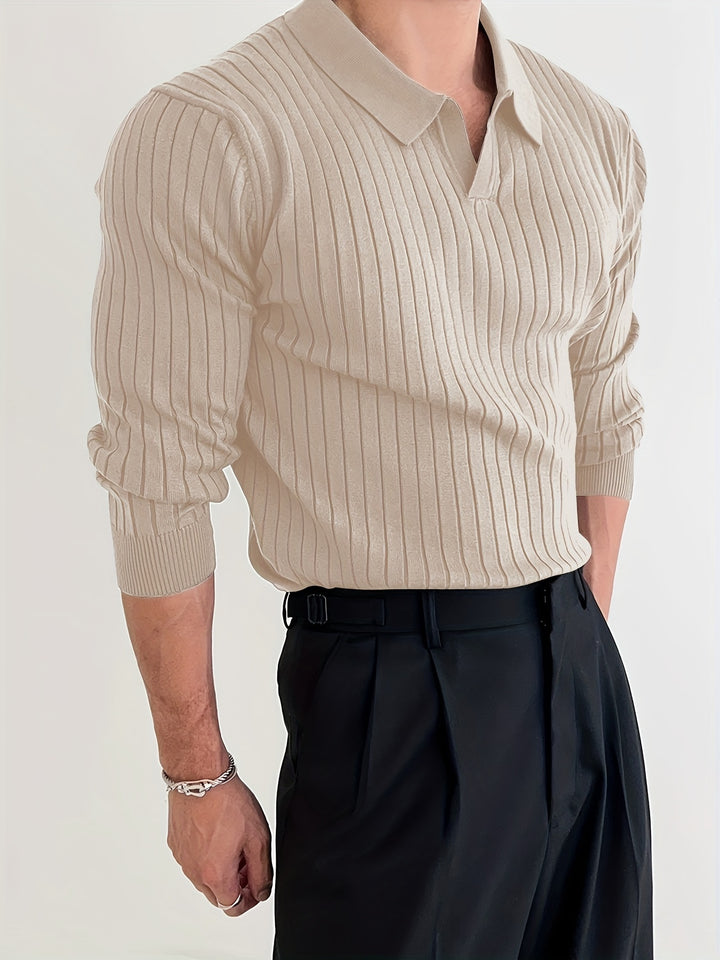 Solid Chic Knit Shirt, Men's Casual Lapel Slightly Stretch V-Neck Pullover Sweater For Autumn Winter