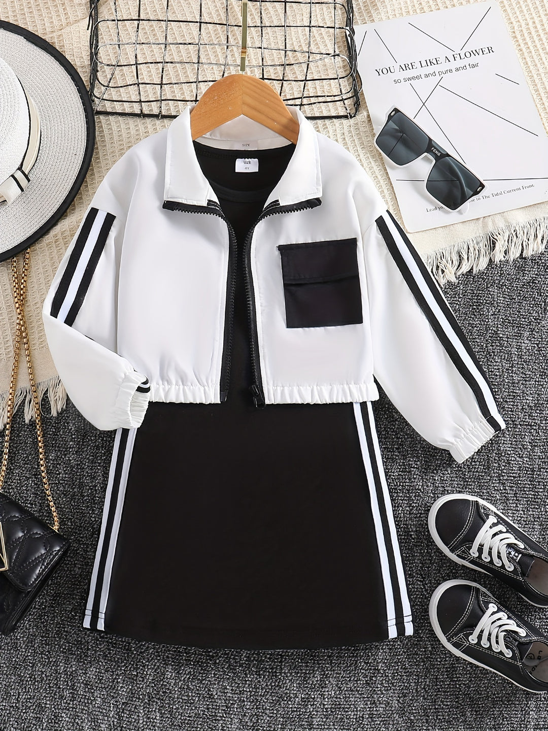 Girl's Sporty Style Outfit 2pcs, Zip Up Jacket & Color Clash Tank Dress Set, Kid's Clothes For Spring Autumn
