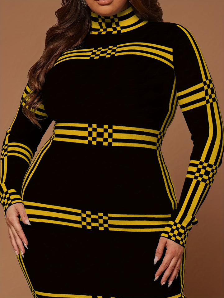 Stylish Plus Size Bodycon Dress with Geometric Print and Turtleneck, Perfect for All Seasons, Women's Plus Size Clothing