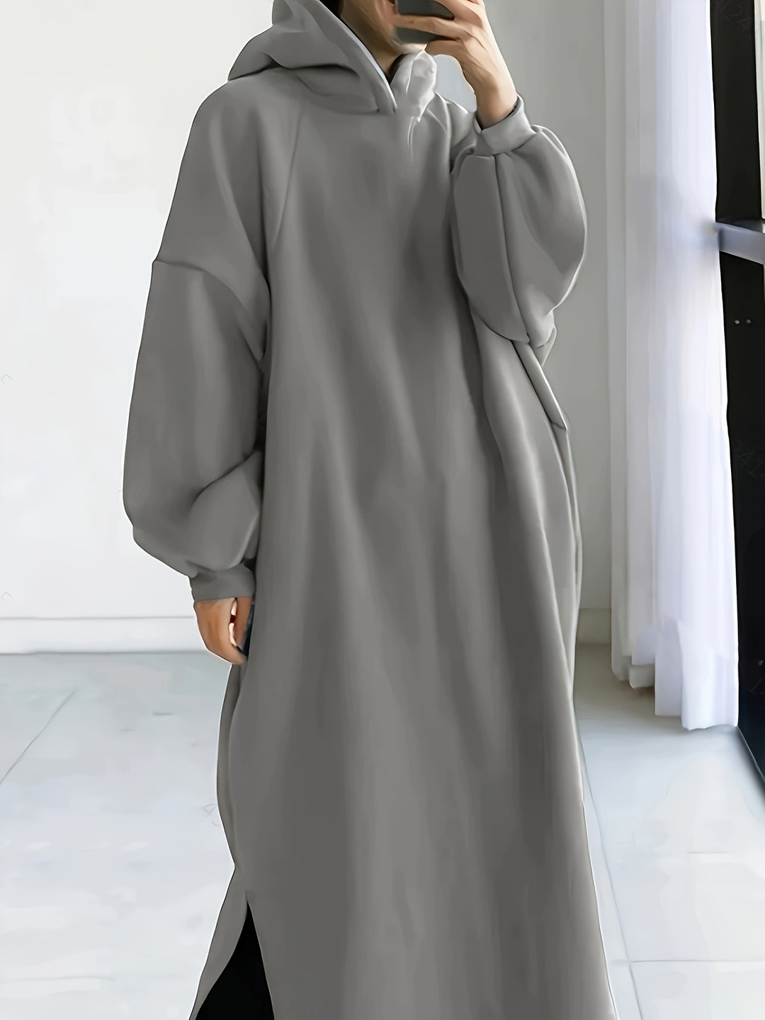 Plus Size Casual Sweatshirt Dress, Women's Plus Solid Lantern Sleeve Split Hem Maxi Hoodie Dress
