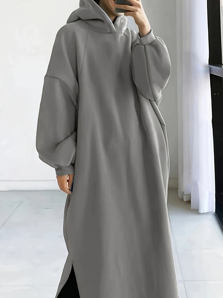 Plus Size Casual Sweatshirt Dress, Women's Plus Solid Lantern Sleeve Split Hem Maxi Hoodie Dress