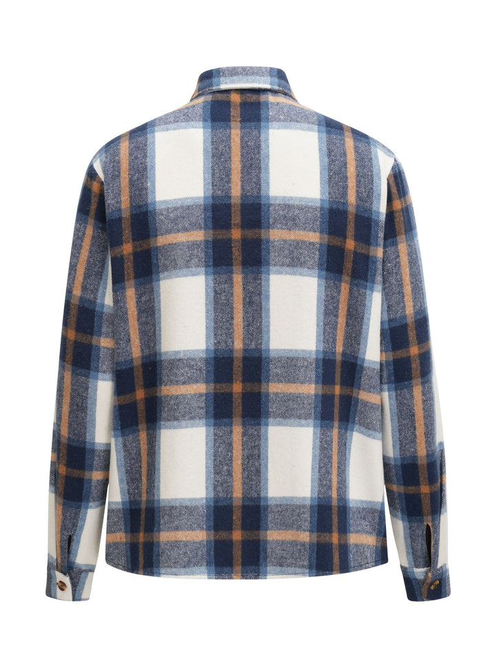 Retro Plaid Pattern Men's Casual Long Sleeve Lapel Shirt Jacket With Pocket Design, Fall Winter Outwear For Men